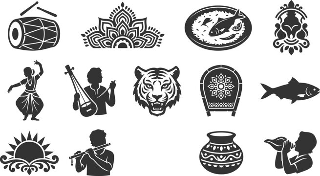 Traditional Indian cultural icons set with musical instruments and food