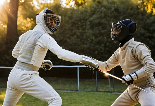 Two fencers sparring outdoors at golden hour