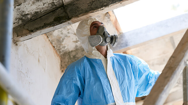 Specialist in protective suit and respirator mask inspects damaged building for hazards, focusing on environmental safety and renovation works