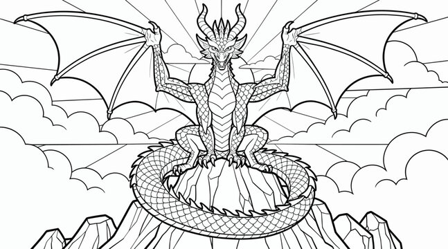 Majestic Dragon Sitting on Mountain Peak, Fantasy Creature Line Art