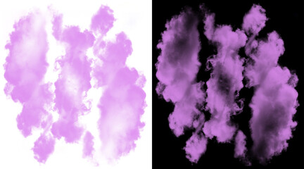 Fototapeta premium Purple smoke clouds on white and black background, ethereal violet ink in water textures, abstract lavender vapor plumes for design overlays