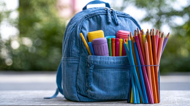 Student's bag with writing tools sits on a surface, ready for returning to school.