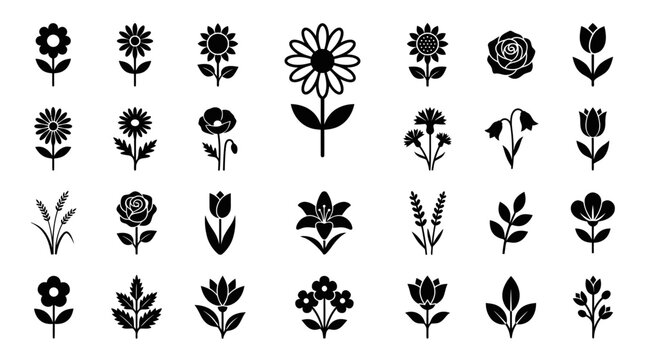 Diverse botanical flower silhouette collection with stems and leaves.