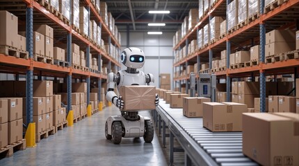 Fototapeta na wymiar Humanoid robot carrying cardboard box in warehouse. Logistics automation and autonomous mobile robot technology in distribution center.