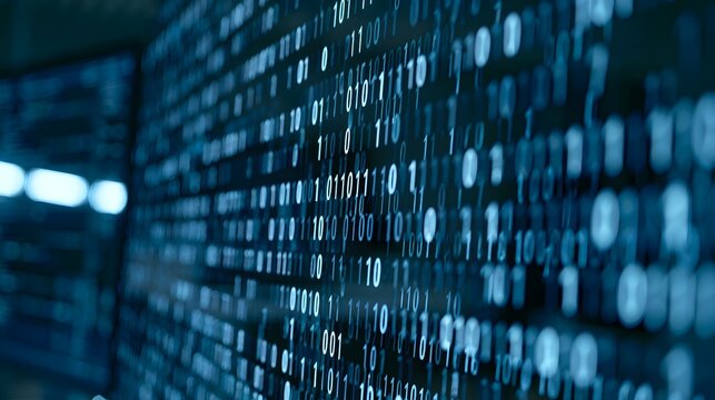 A wall of glowing binary code streams cascading downward in a futuristic digital environment under cool blue lighting