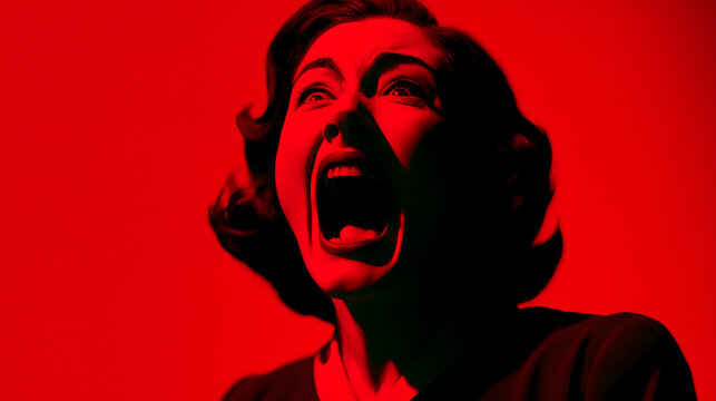A 1950s era classic pulp fiction woman in terror, her face painted with red, as if viewed through a vintage horror poster aesthetic