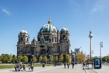 Berlin, Germany - April 23, 2026: Berlin Cathedral and Berlin TV Tower viewed from Lustgarten in central Berlin. © Andrei Antipov