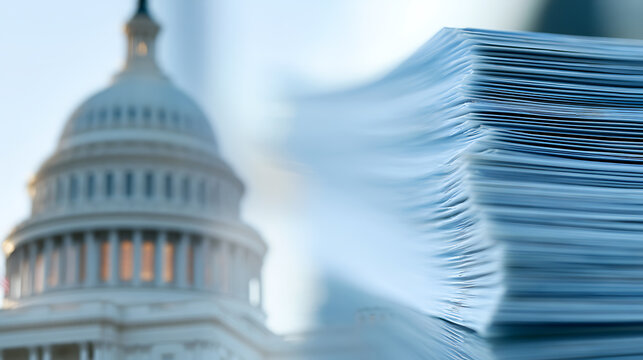 Government building with dome architecture and a large stack of documents, symbolizing policy, law, and bureaucracy in decision-making