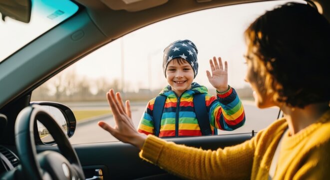 Child waving goodbye to parent from car window