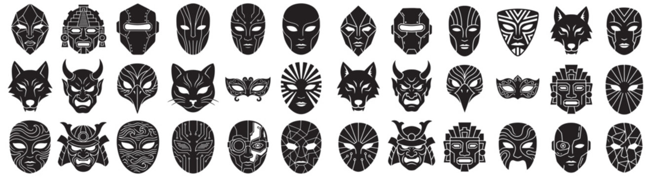 Collection of Decorative Masks and Faces Silhouette Icons : Tribal, Animal, Cyber, Carnival and Theatrical Mask Designs