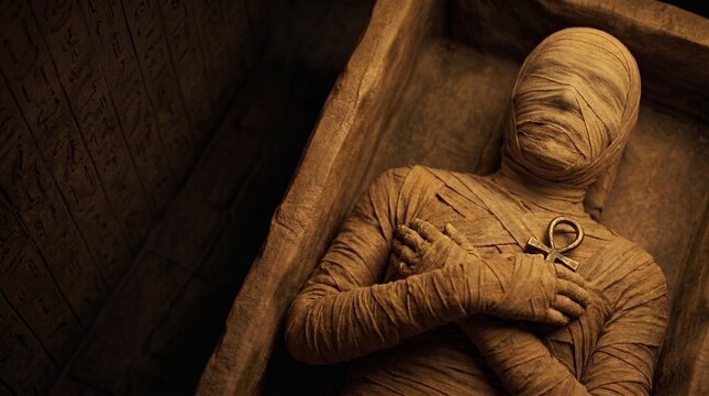 Ancient Egyptian mummy wrapped in bandages holding a golden ankh symbol inside a sarcophagus