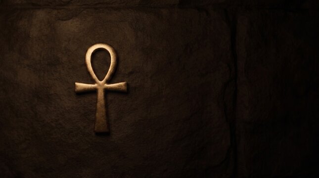 Golden ancient Egyptian ankh symbol on a dark textured stone wall with copy space