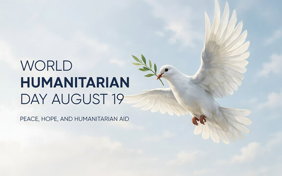 White dove flying in a blue sky carrying an olive branch with text for humanitarian day august 19 representing peace and global hope