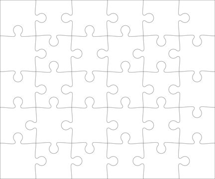 Detailed various shapes puzzle grid overlay. Jigsaw puzzle blank template. 6x5 shapes, 30 pieces. Separate matching puzzle elements. Vector png