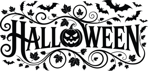 Decorative halloween typography with pumpkin face vines leaves and bats in gothic style art © MstRina