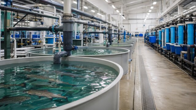 Indoor fish farm with multiple circular tanks for aquaculture and modern water filtration system