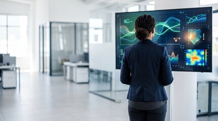 Fototapeta premium Black Professional Analyzing Logistics Data on Screen in Modern Office for Supply Chain Solutions
