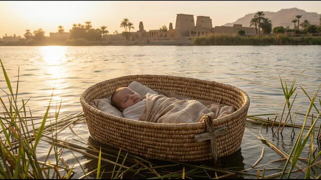 historical biblical scene of infant Moses found in a woven basket on the Nile Riverbank at sunset with ancient Egyptian temple ruins in the background and warm golden light