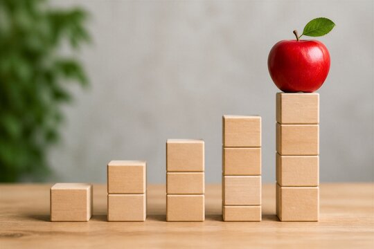 Stacked wooden blocks increasing with red apple on top on wooden table