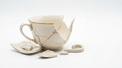 Fototapeta premium Delicate Cracked Ceramic Teacup Isolated on White - Symbol of Fragility and Resilience