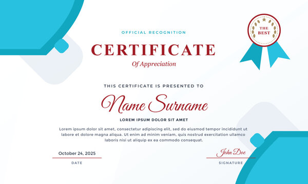Modern professional certificate template design with cyan geometric elements and decorative seal certificate template