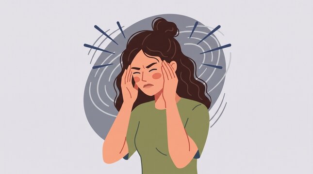 Woman experiences headache and dizziness in flat vector illustration.