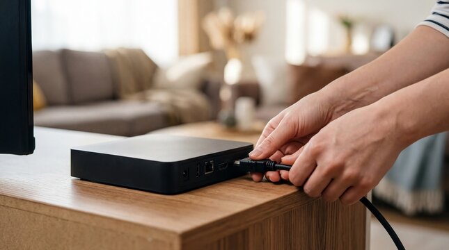 Streaming Box Connection: Female Hands Plugging HDMI Cable for Home Entertainment Setup