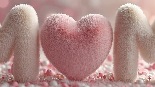 Fluffy letters spelling mom with heart shape in soft pink hues on a dreamy bokeh background
