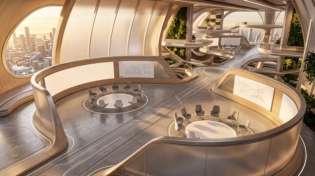 Empty Virtual Reality Meeting Room with Golden Hour Light for Future Work Concepts