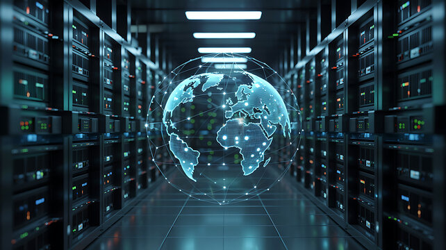 Digital World Datacenter: A holographic Earth globe hovers above a corridor lined with server racks in a modern data center, symbolizing global connectivity and digital infrastructure.