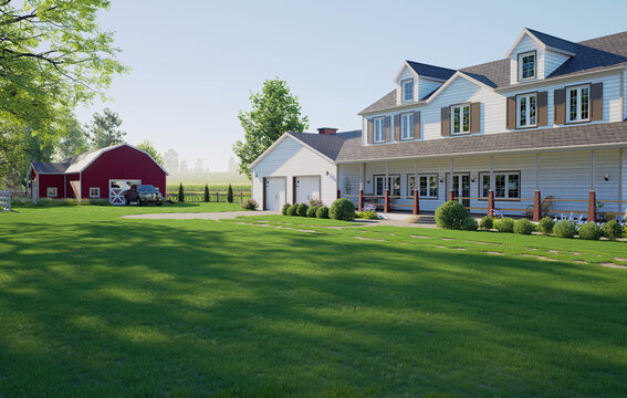 Modern Two-Story Farmhouse with Double Garage and Red Barn