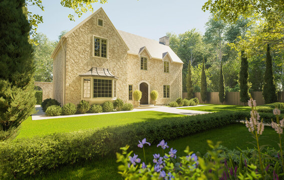 Classic stone English cottage style house with beautiful green landscape garden