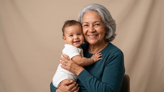 Grandmother Holding Baby Granddaughter in Studio Portrait