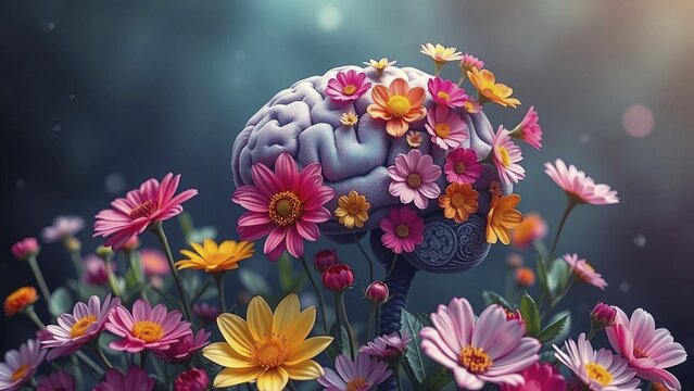 A brain with colorful flowers on a dark background, symbolic image of mental health and free thought, AI generates, AI generated