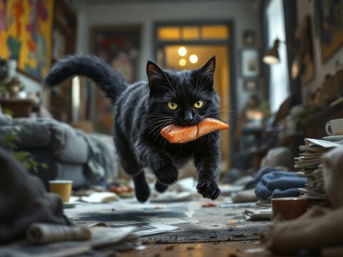 Black cat leaping through a cluttered room with a fish in its mouth, ai generated