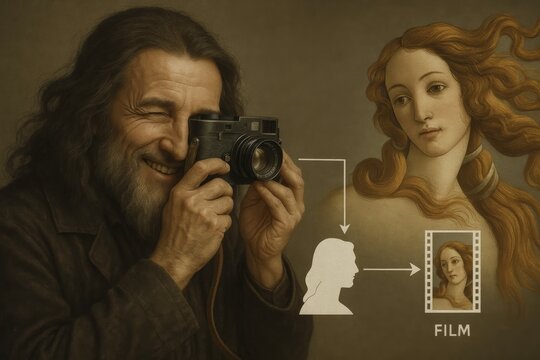 Exploring the Intersection of Photography and Classical Art A Modern Photographer Capturing the Essence of Botticelli's Venus With a Vintage Camera and Creative Flair, AI generated