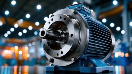 Fototapeta premium Macro image of an industrial electric motor with detailed metallic surfaces and cooling fins, perfect for manufacturing and engineering concepts.
