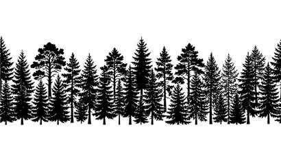 Obraz premium Evergreen forest silhouette collection with Christmas spruce trees and woodland panorama