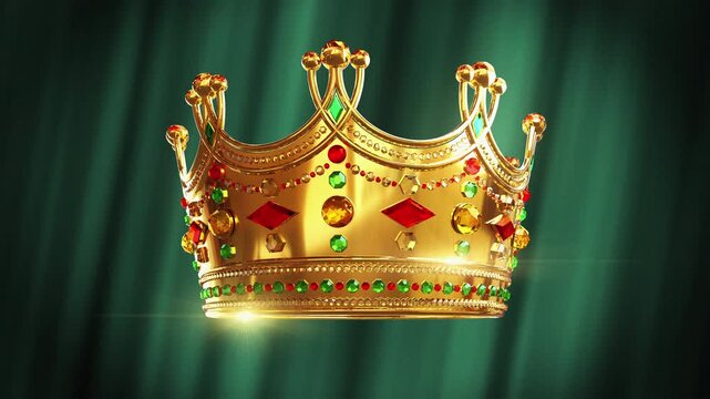 Royal seamless loop of a luxury king crown decorated with big precious gemstones. Golden majestic tiara sparkling against a soft elegant curtain background, concept for royalty, wealth and success