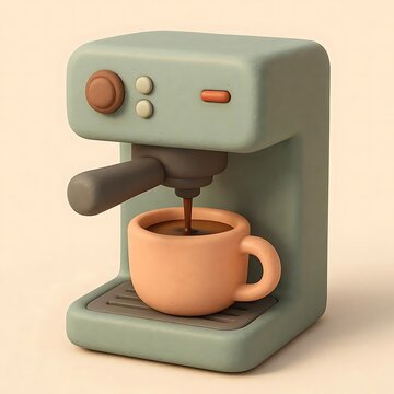 Cute 3d illustration of a modern espresso coffee machine dripping fresh brew into a mug