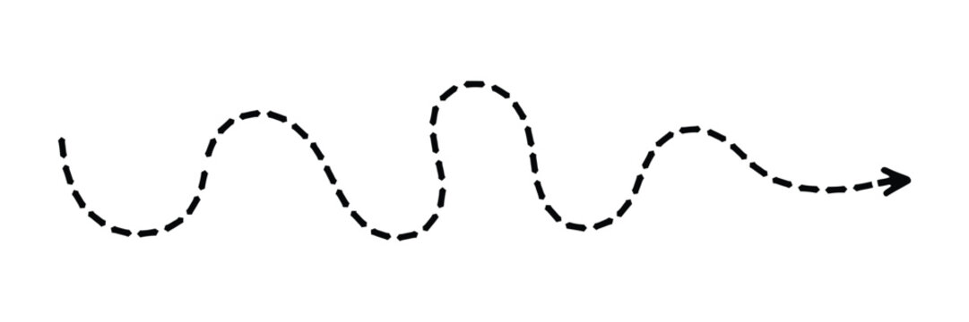 Dotted squiggle arrow line, hand drawn wavy dashed direction path, abstract looped curved arrow, isolated navigation vector illustration
