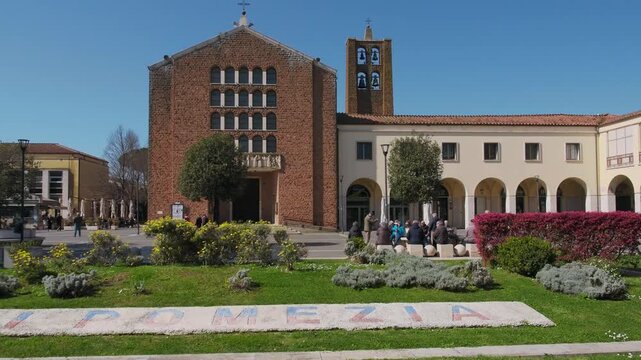 Chiesa di San Benedetto Abate, church of the '30s in a rationalist architectural style in Piazza Indipendenza of Pomezia, Italy	