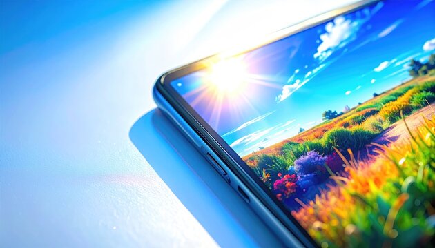 A smartphone displays a vibrant landscape scene, reflecting sunlight. Shallow depth of field