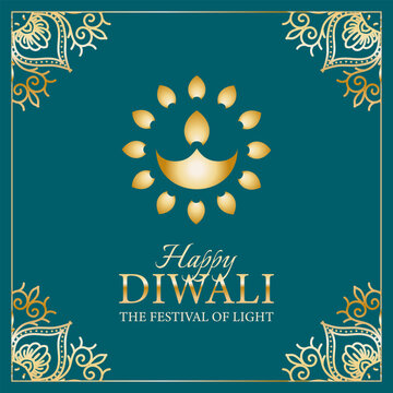 Happy Diwali, Festival of Lights greeting card with glowing diya lamp. Festive background, web banner, poster, social media