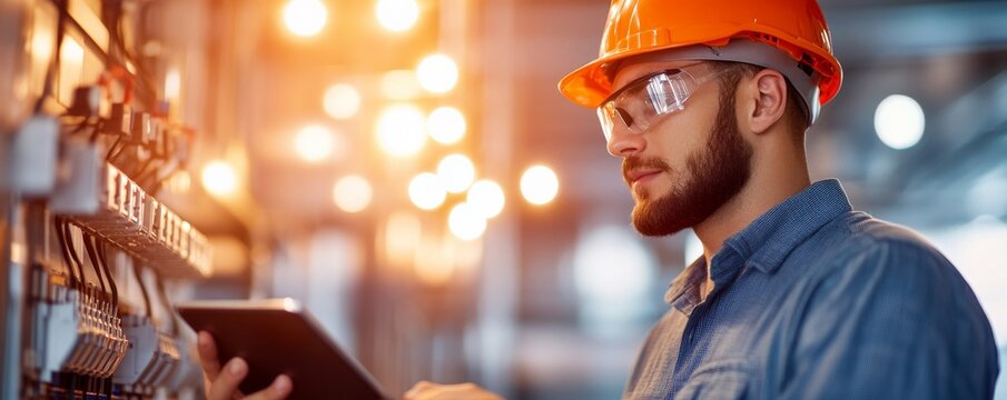 Subject A male engineertechnician wearing an orange hard hat, safety glasses and a blue shirt. Action Looking at an electrical panelcontrol board while holding a tablet. Composition