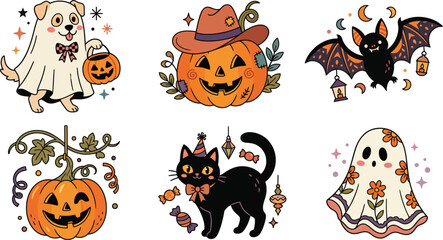 Fototapeta premium A collection of cute hand drawn halloween stickers featuring ghosts pumpkins a black cat and a bat for festive seasonal decoration