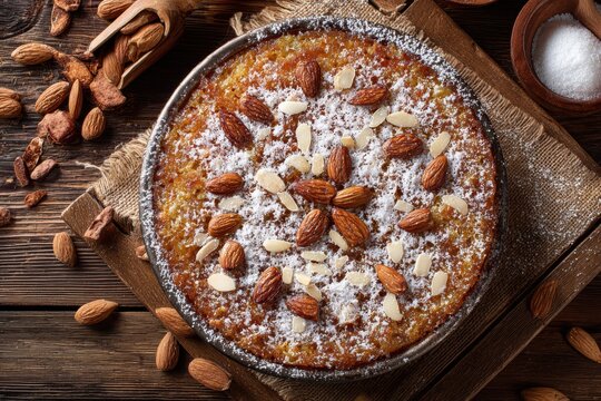 Traditional Turkish dessert Kalburabasti with almonds