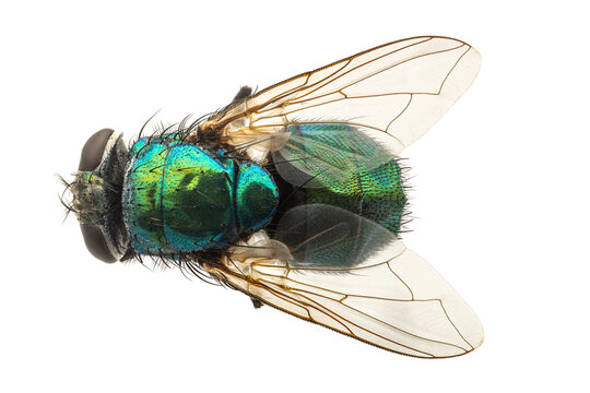 Macro photography of green bottle fly top view isolated on white background