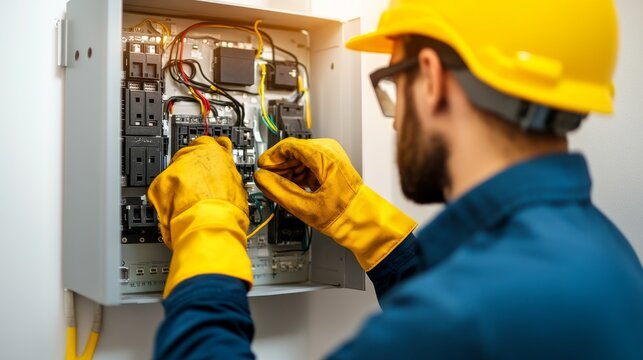 Subject An electrician (man in yellow hard hat, glasses, blue shirt, yellow gloves). Action Working on an electrical panel (circuit breaker box) with wires and components visible.
