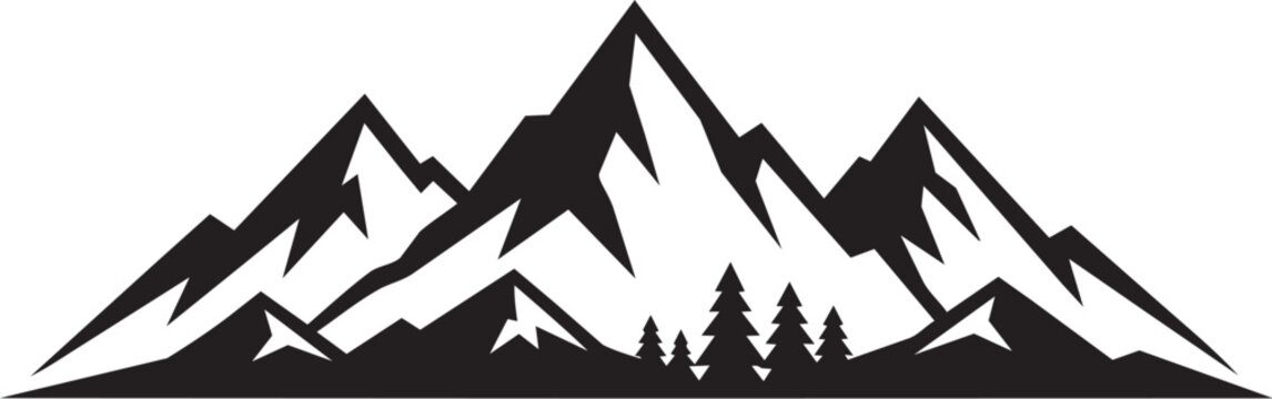 Black and white mountain range silhouette with pine trees isolated on white background for outdoor adventure branding